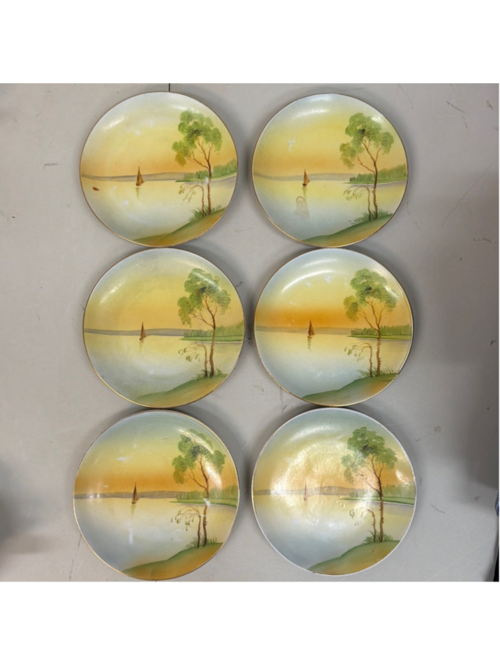 Set of 6 ANTIQUE NIPPON HAND PAINTED PLATE Sailboat Tree Pattern Rising Sun Mark